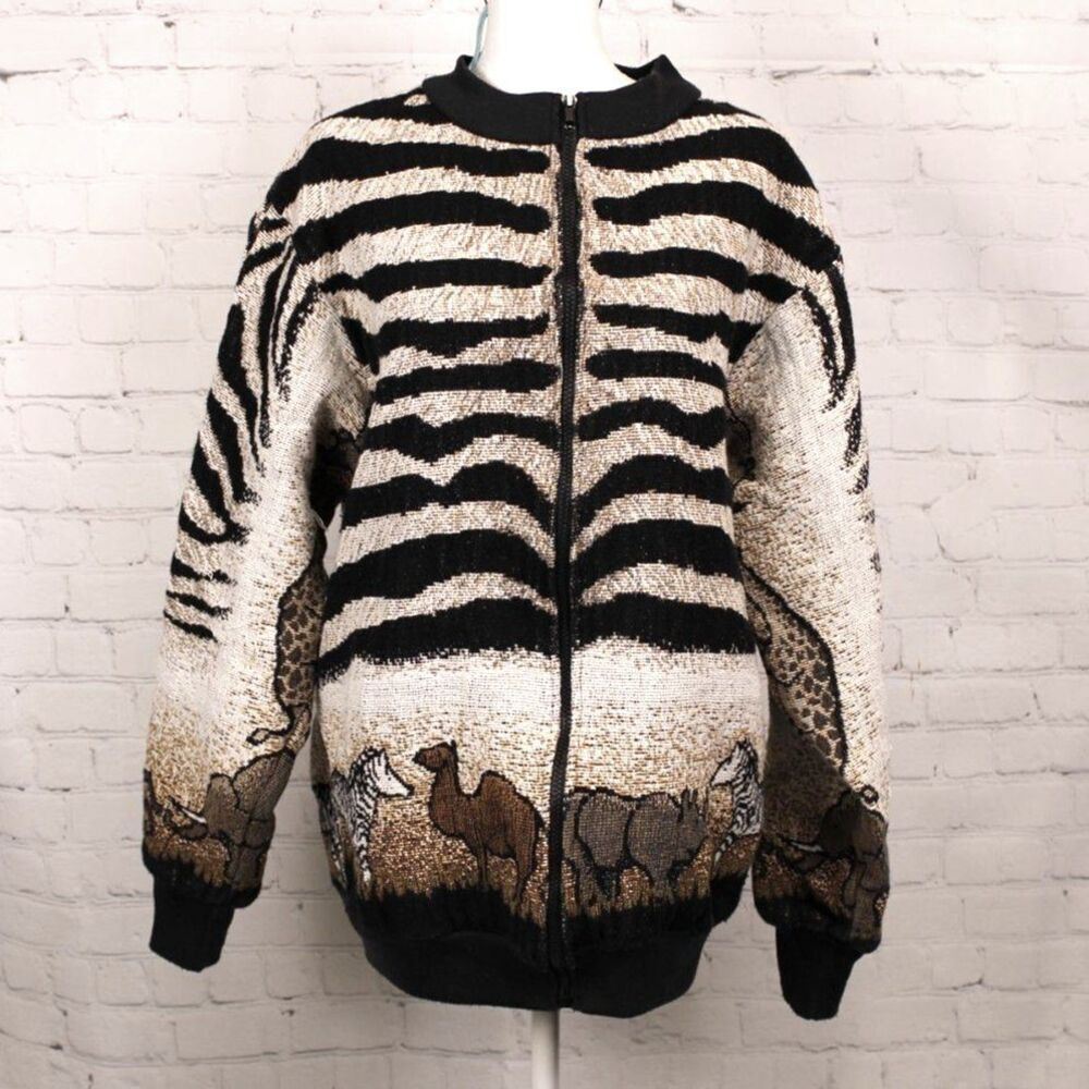 Sugar Street Weavers Safari Zebra Animal Print Full Zip Sweater One Size